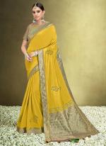 Sattin Silk Yellow Wedding Wear Embroidery Work Saree